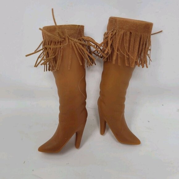 Barbie Boots Heels Faux Leather Suede Fringe Studs Shoes Mid Calf Vintage - Picture 2 of 4